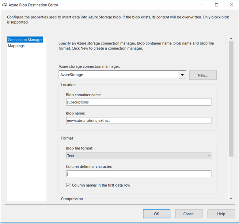 Azure Blob Destination Editor