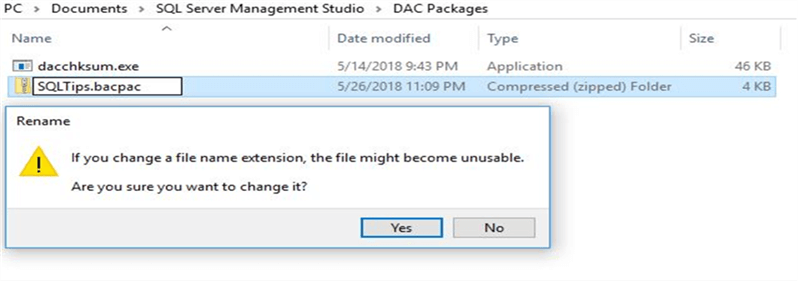 Rename .zip back to BACPAC