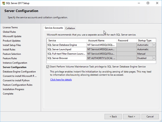 Screen Capture 10 - Description: You must select the service account names.