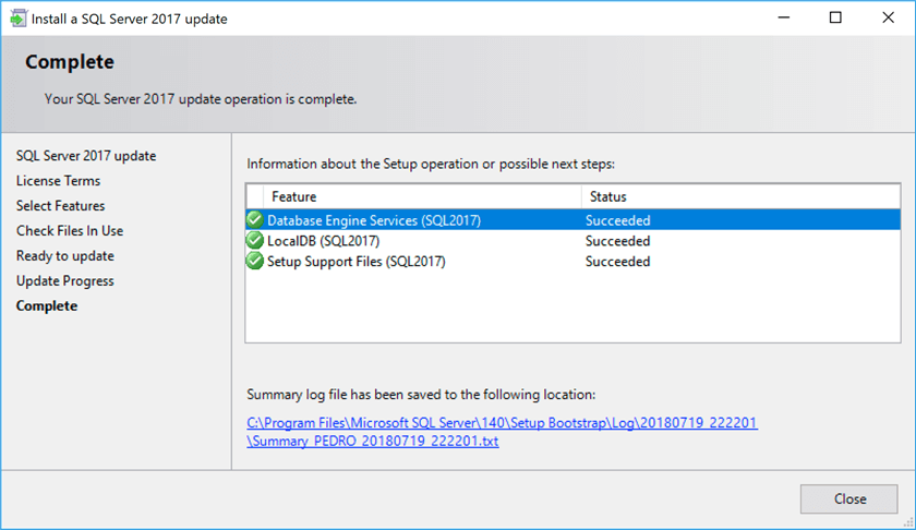 SQL Server 2017 CU completion