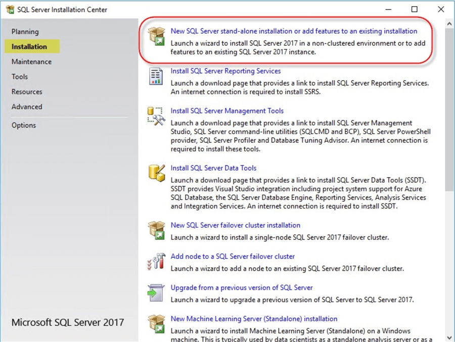 sql server installation center
