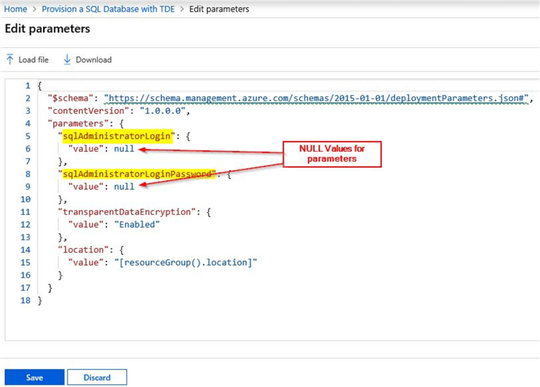 edit azure template parameters