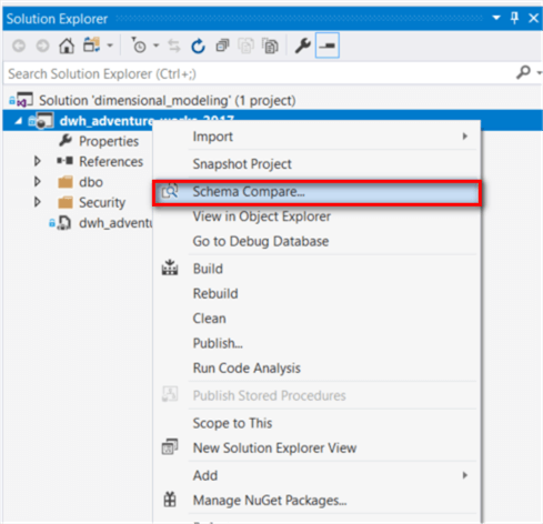 The screenshot illustrates how to find the "Schema Compare" menu item.
