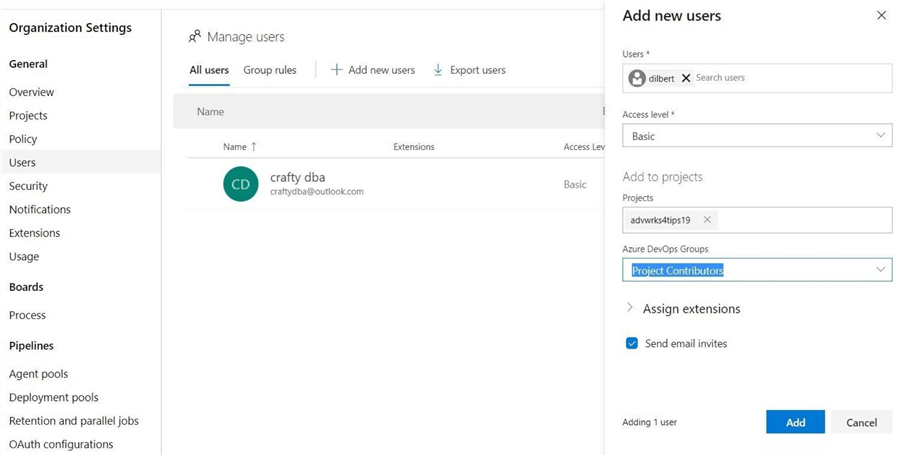 Under settings, the manage users blade allows for the adding, updating and deleting of users.