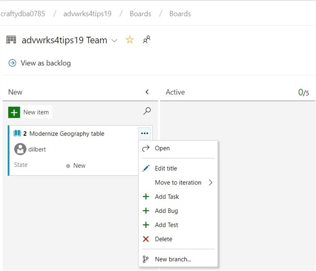 The right click menu can be used to perform actions on a user story.