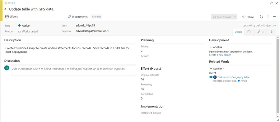 The details behind the update table task.