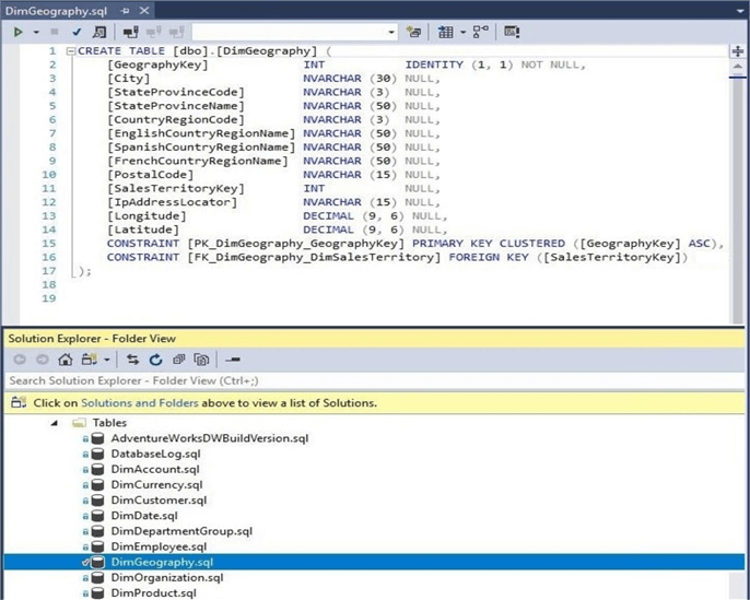 This image shows the code change in a database project to the geography dimension table.