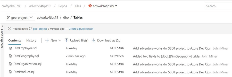The code explorer can be used to browse the different feature branches in the software repository.