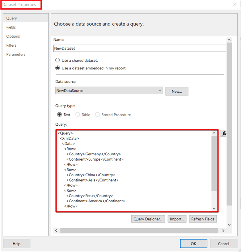 query designer dataset xml data