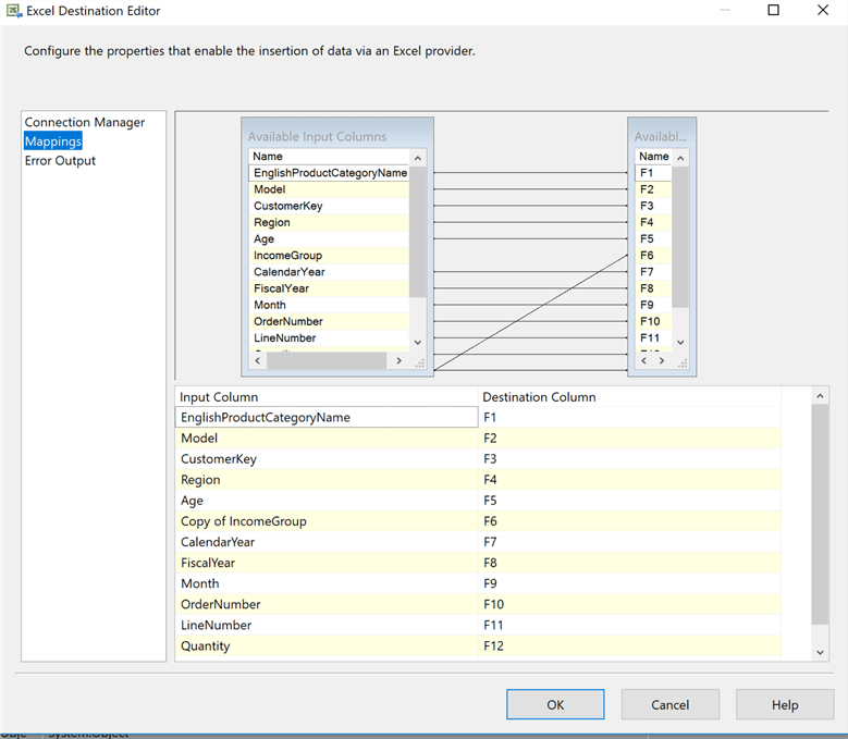 excel destination editor mapping