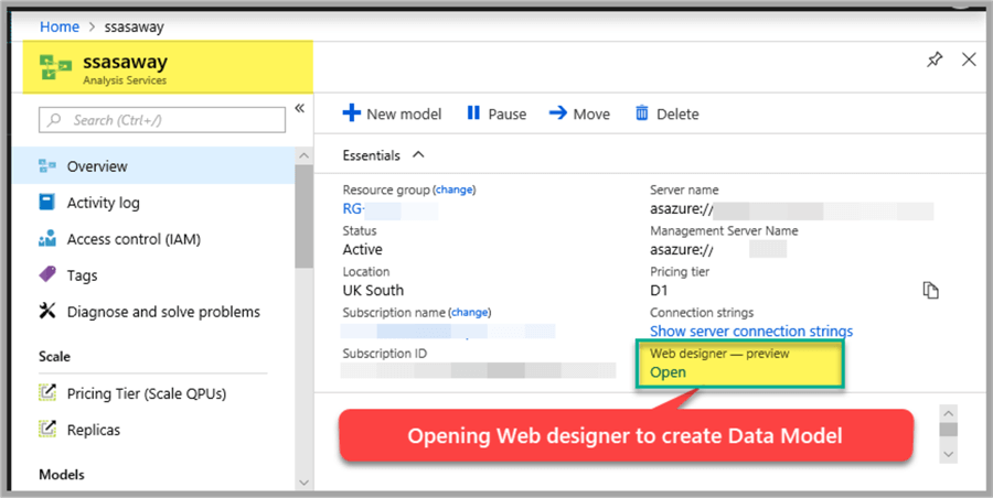 opening web designer to create data model