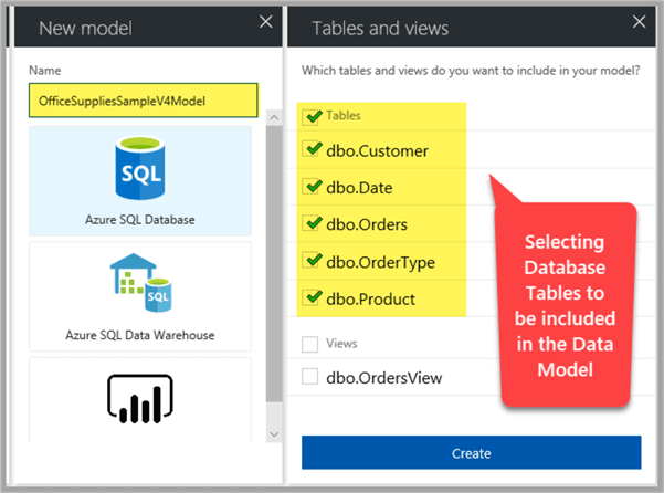 selecting database tables to be included in the data model