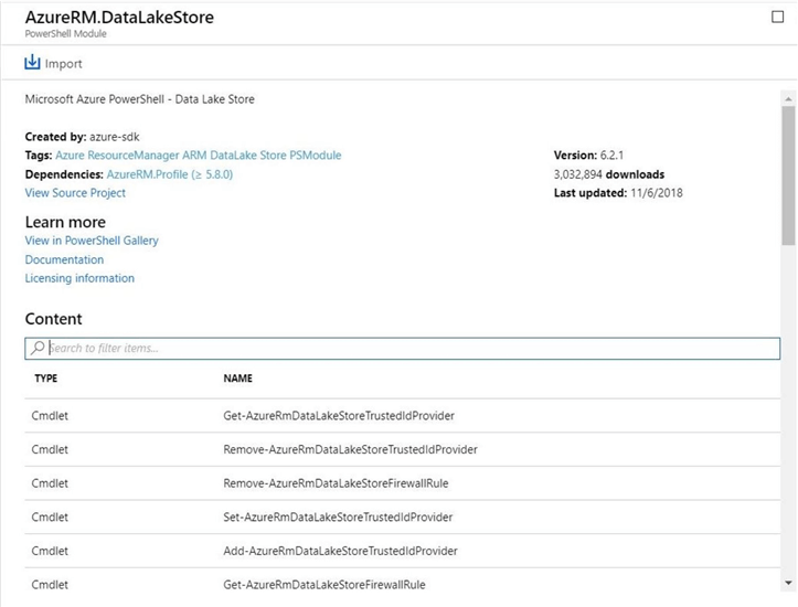 Process Automation - Examine the details of the Azure RM Data Lake Store module.