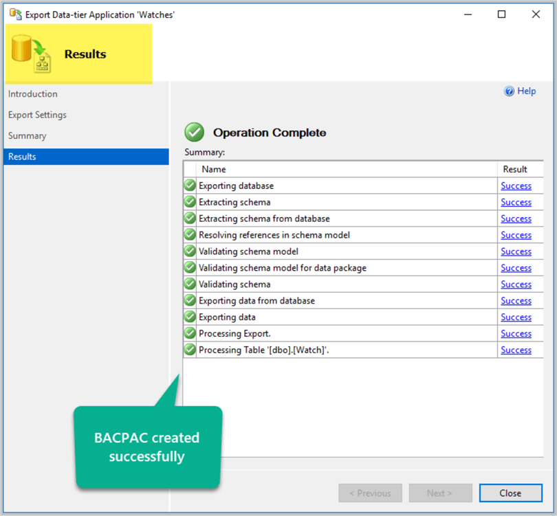BACPAC created successfully