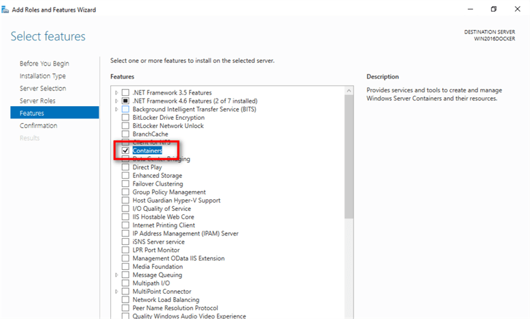 Windows Add Roles and Features interface to add Containers