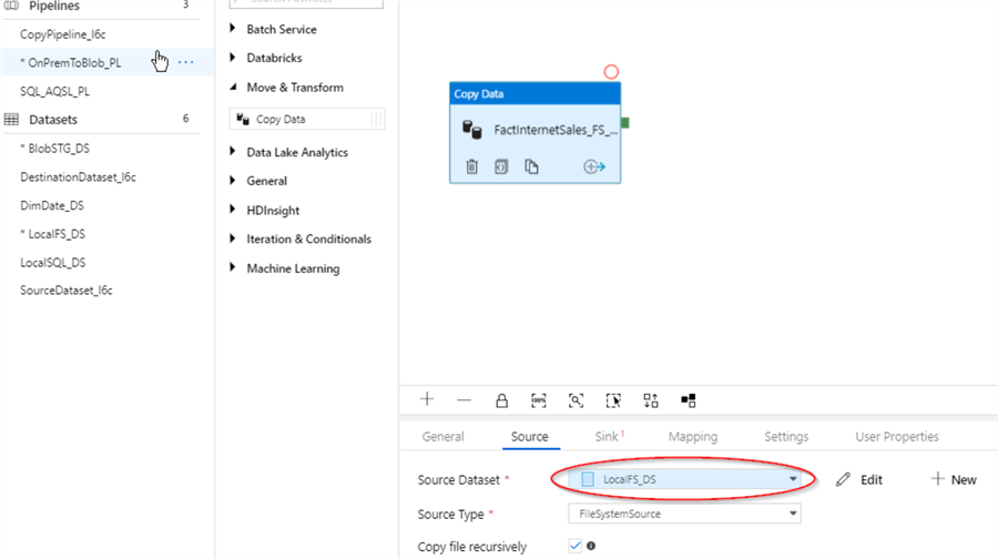 Switch to ‘Source’ tab and select LocalFS_DS dataset we have created earlier