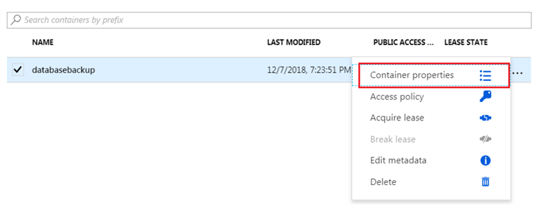 Container Properties for Azure Storage Account