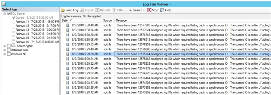 There have been X misaligned log IOs which required falling back to synchronous IO. The current IO is on file.