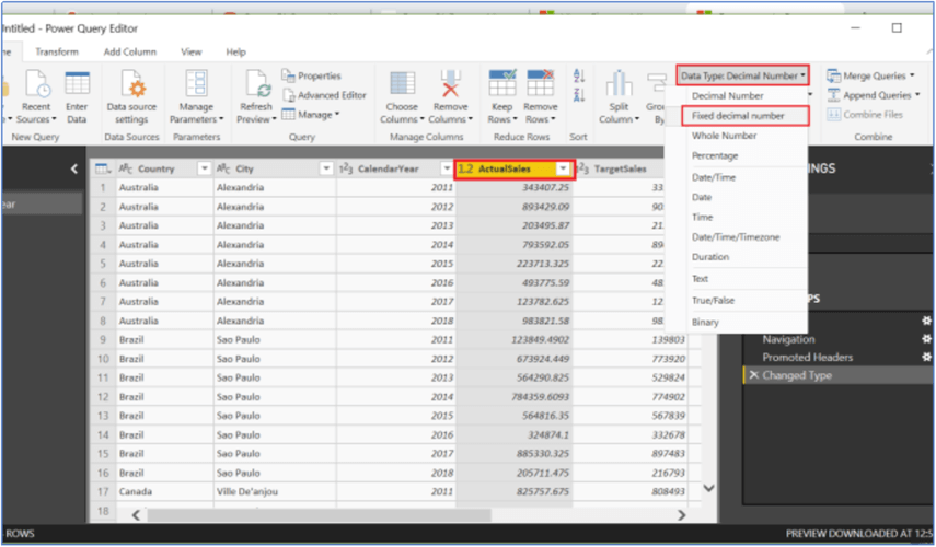Changing data type in Power Query Editor in Power BI Desktop