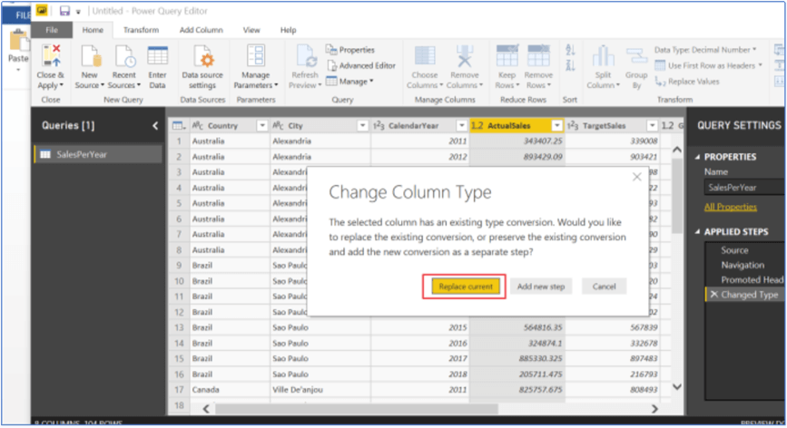 Selecting data type of column in Power BI Desktop