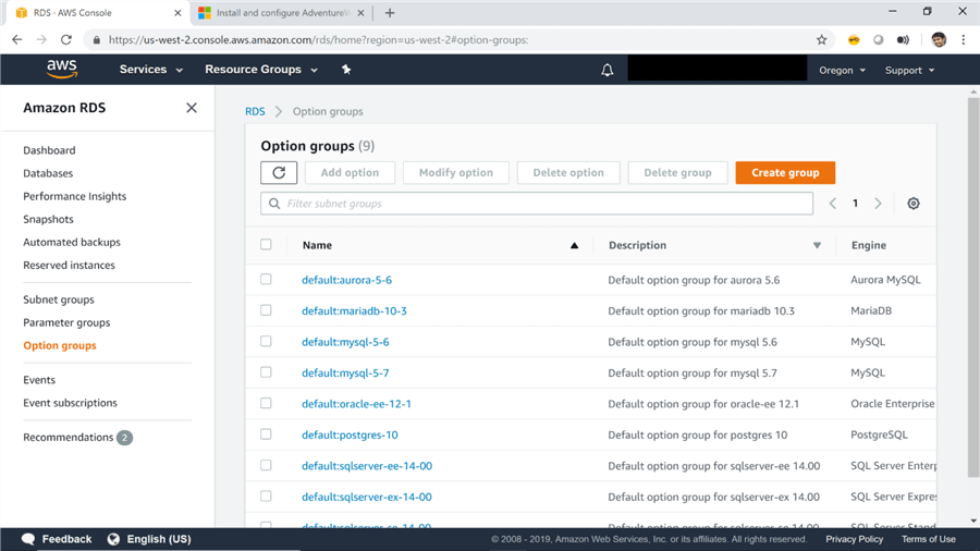 SQL Server on AWS RDS Options Group Tab