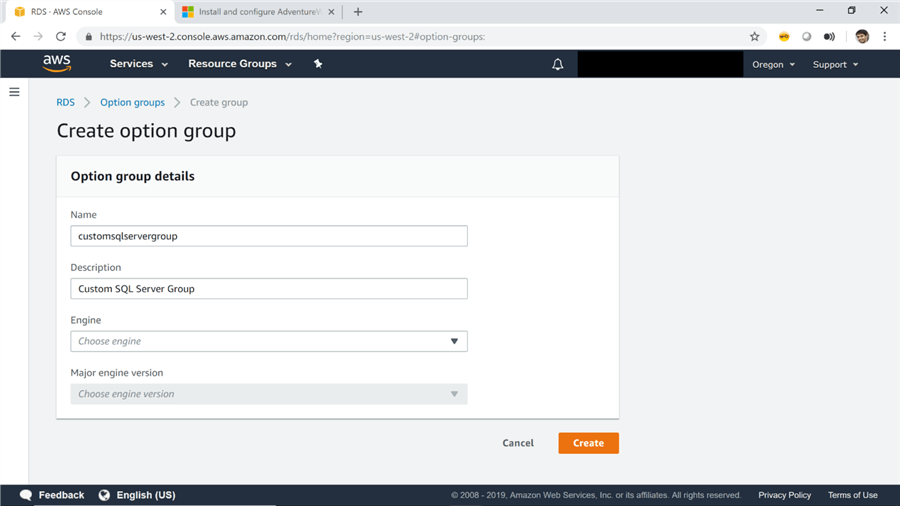 Create Option Group for SQL Server on AWS RDS