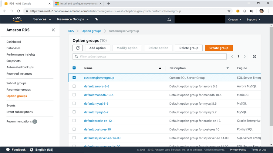 Newly Created Options Group for SQL Server on AWS RDS