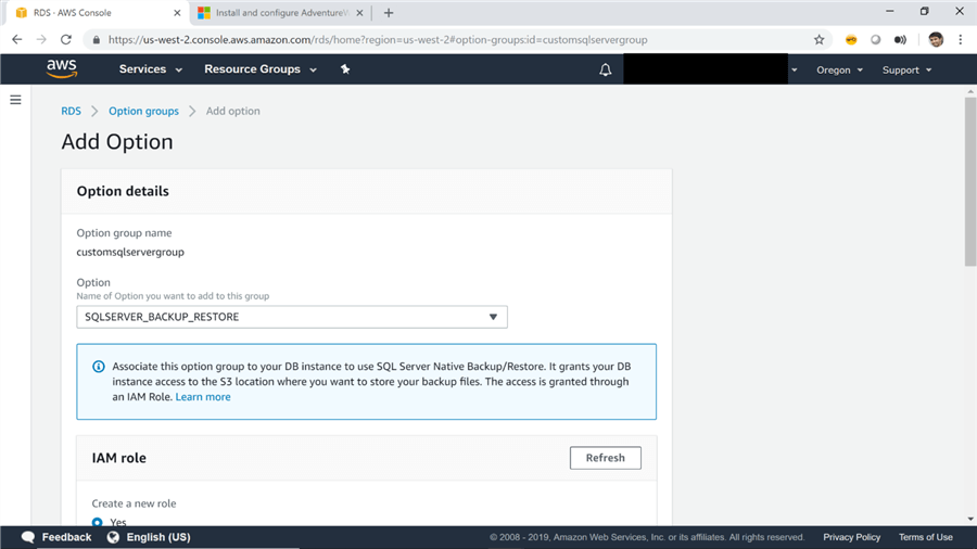 Add Option for SQL Server on AWS RDS