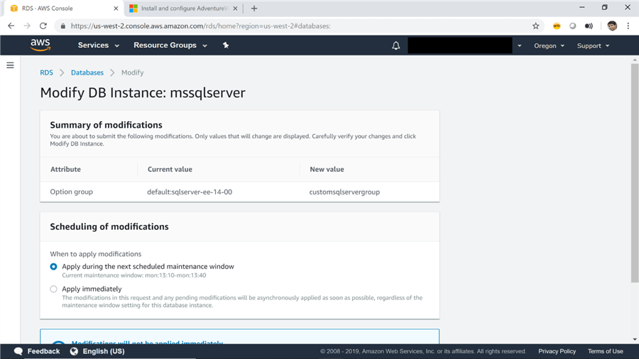 Apply Changes to the SQL Server instance on AWS RDS during the next maintenance window