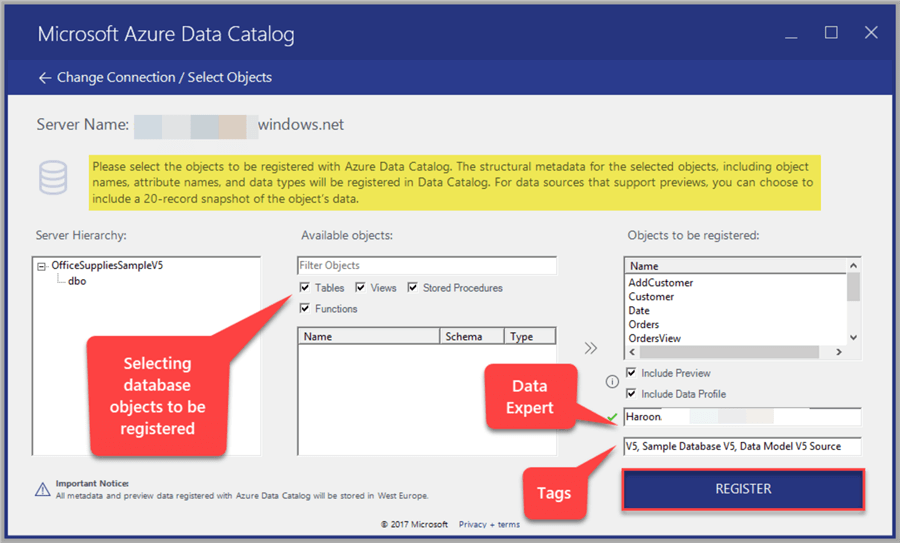 Selecting tables, views and stored procedures of an Azure SQL database to be registered with Azure Data Catalog