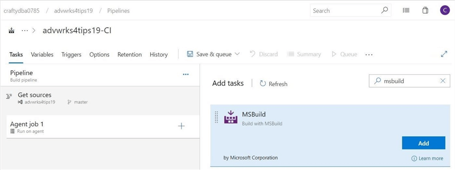 Build Pipeline - Add MS Build Task - MS Build compiles the code that is stored in the repository.