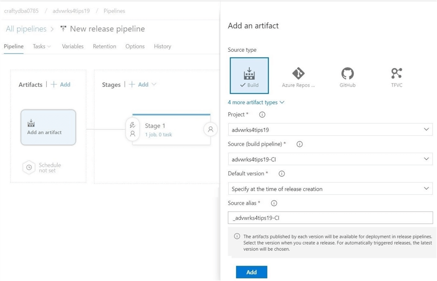 Release Pipeline - select template - Select the artifact from the built projects.