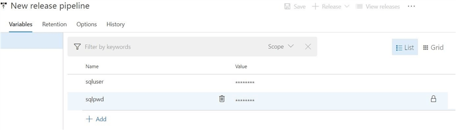 Release Pipeline - Job Variables - Use job variables to obscure the user name and password.