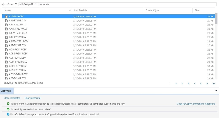 Azure Storage Explorer - List files - Stock quote files by company symbol.