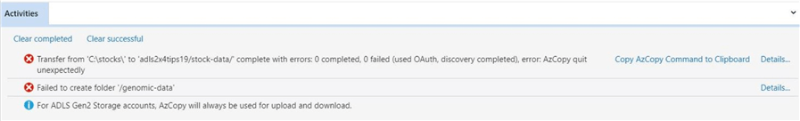 Azure Storage Explorer - Activities List - This list shows two failed actions.