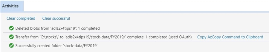 Azure Storage Explorer - Activities List - This list shows three successful actions.