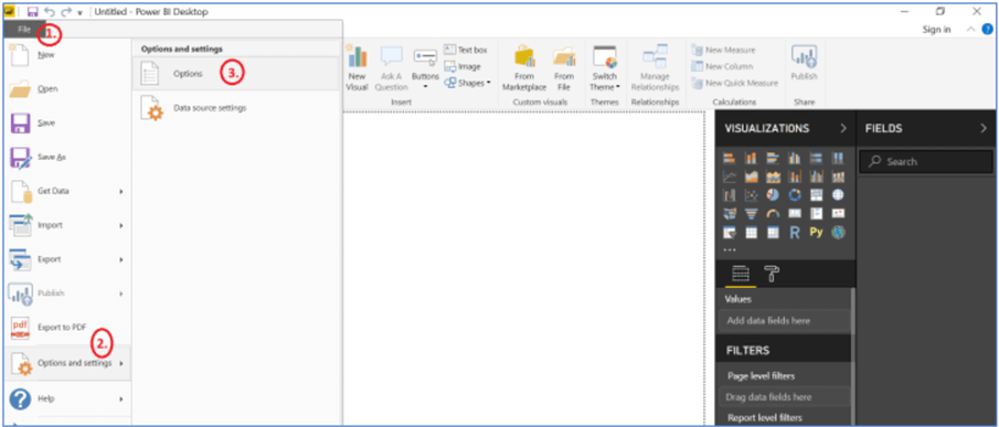 Select options in Power BI Desktop.