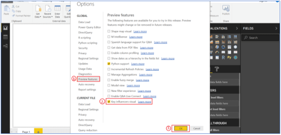 Enabling Key Influencers visual in Preview features in Power BI Desktop.