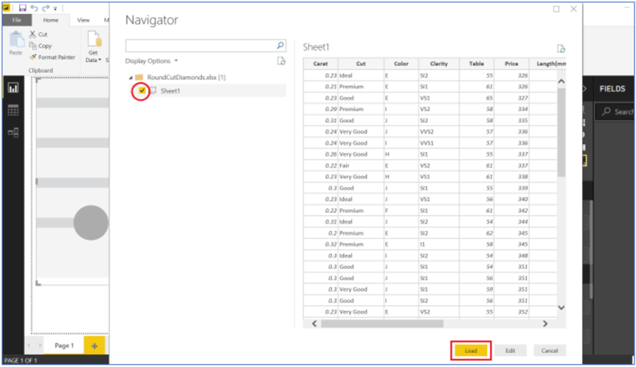 Selecting an excel sheet to populate data in Power BI Desktop.