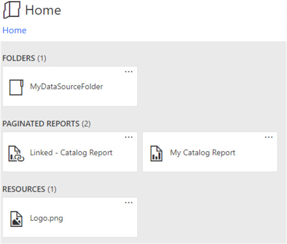 The root folder contains one folder, one report, one linked report, and an image.