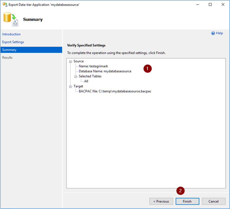 Export Data-tier Application Summary Screen
