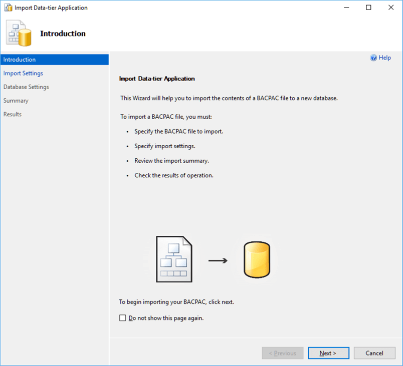 Import Data-tier Application Introduction Screen