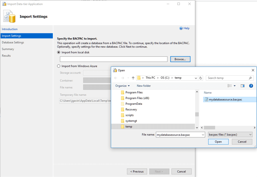 Import Data-tier Application Import Settings
