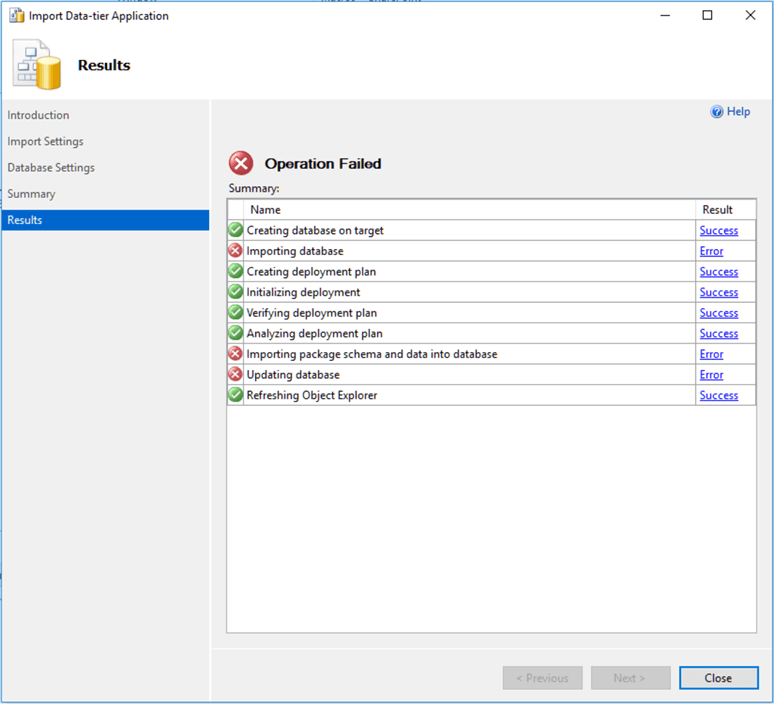 Import Data-tier Application Results with Failed Operations