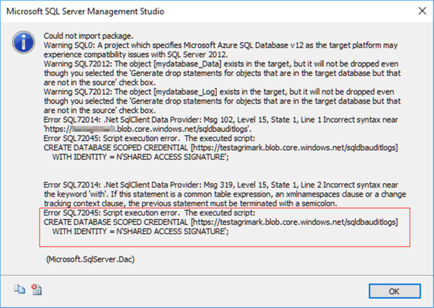 Error SQL72045: Script execution error. The executed script: CREATE DATABASE SCOPED CREDENTIAL.