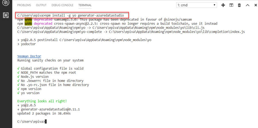 yo generator-azuredatastudio installation using npm
