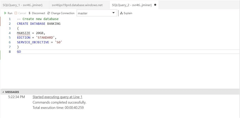 Azure Data Studio - Install Program - Azure SQL Database Script 1 - The database creation has to be executed from a connection made to the master database.