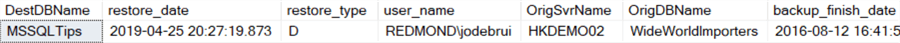 The results of this query show that the WideWorldImporters DB downloaded was created in 2016 on a server called HKDEMO02.