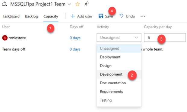 MSSQLTip11_AzureBoardsCapacity1 Steps for adding team mates and setting capacity