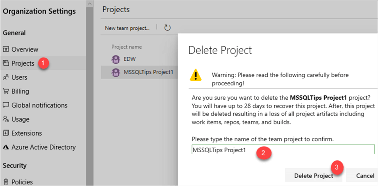 MSSQLTip11_AzureBoardsDeleteProjects2 Steps for deleting a project from Org Settings